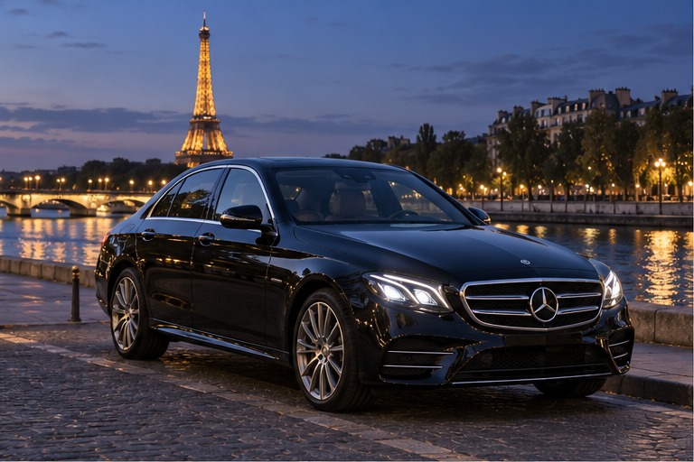 Illustration d’une Mercedes noire dans une ambiance parisienne